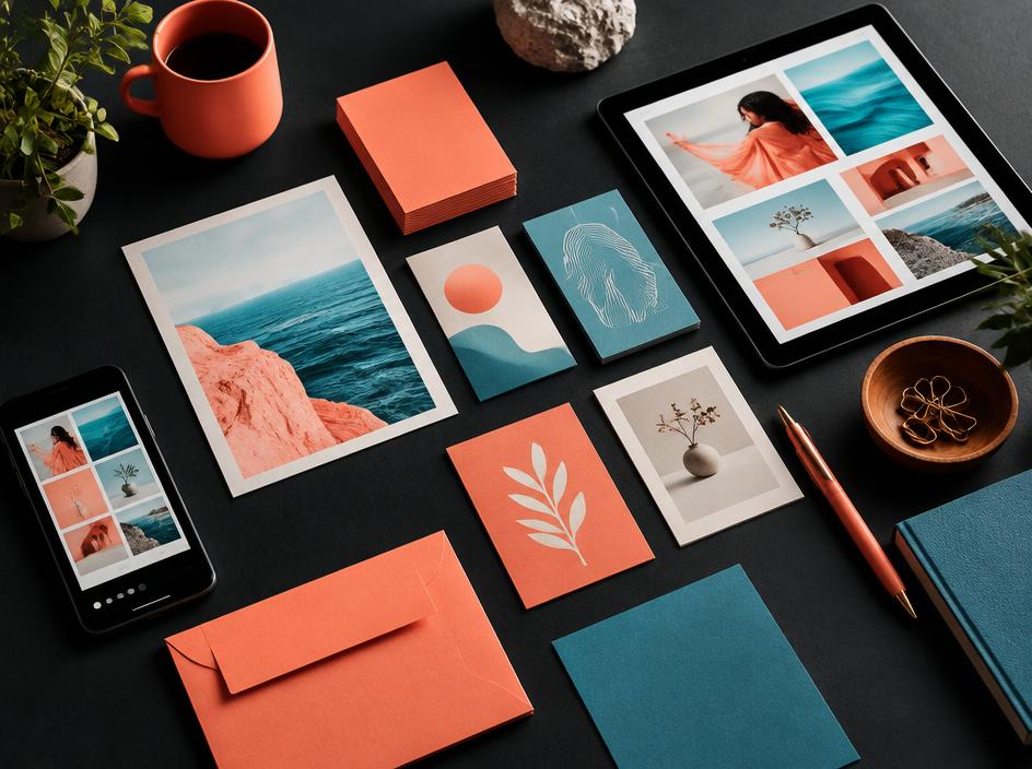 Brand and digital materials arranged on a studio desk