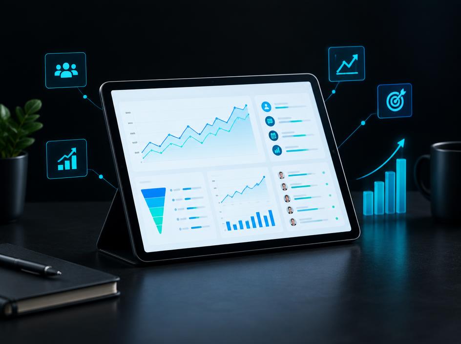 Analytics dashboard on a tablet showing business growth